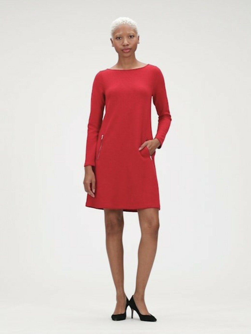 GAP Red Long-Sleeve Shift Dress Zip Pockets Bright Textured Knit Medium Office